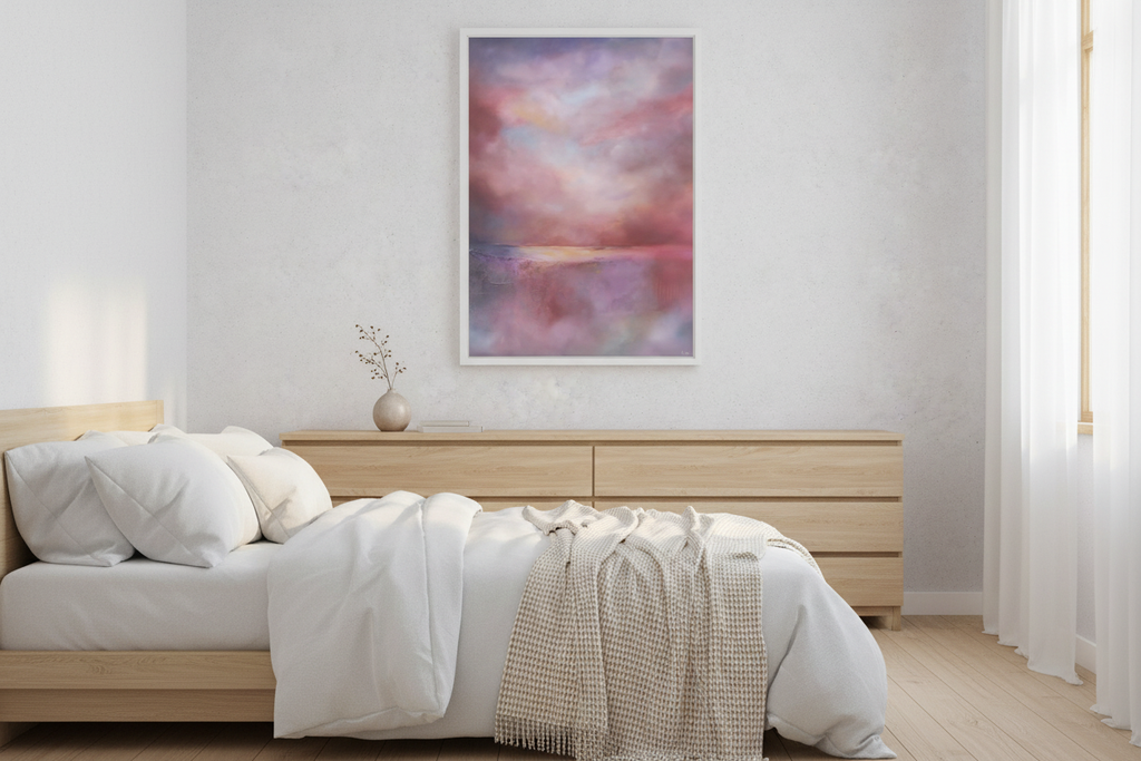 Bedroom with a uplifting colourful abstract painting on the wall.