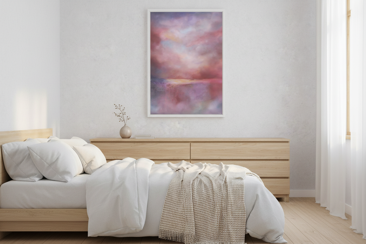Bedroom with a uplifting colourful abstract painting on the wall.