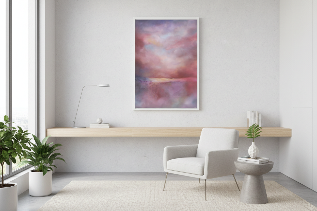Modern interior with a colorful abstract painting on a white wall, a landscape in soft refs, purples and gold
