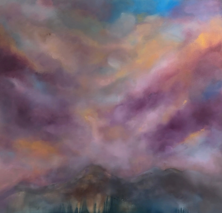 Abstract painting with colorful cloud-like shapes featuring the mourne mountains below