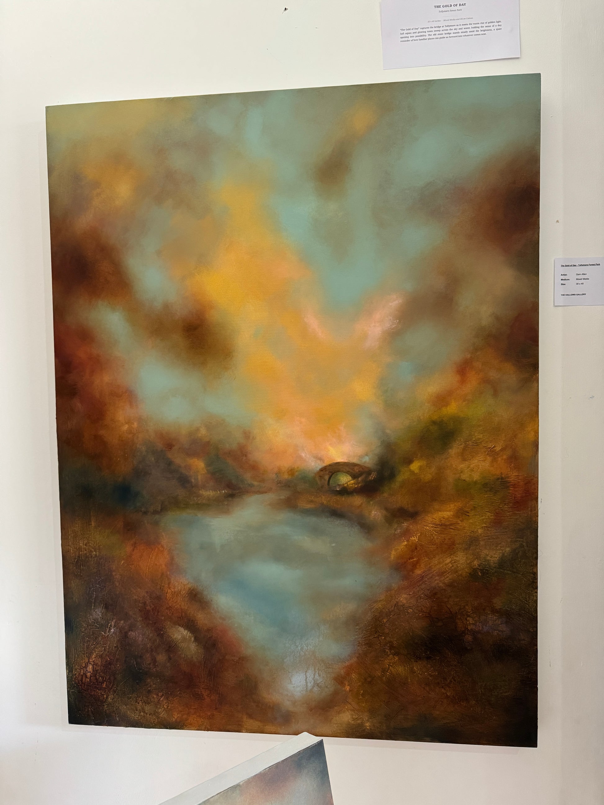 “Landscape painting of Tollymore Forest Park featuring the historic stone bridge glowing in golden and purple light, with flowing water and forest tones. Contemporary Irish landscape art inspired by Northern Ireland’s natural scenery.”