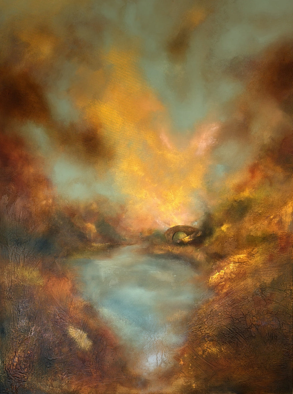 “Landscape painting of Tollymore Forest Park featuring the historic stone bridge glowing in golden and purple light, with flowing water and forest tones. Contemporary Irish landscape art inspired by Northern Ireland’s natural scenery.”