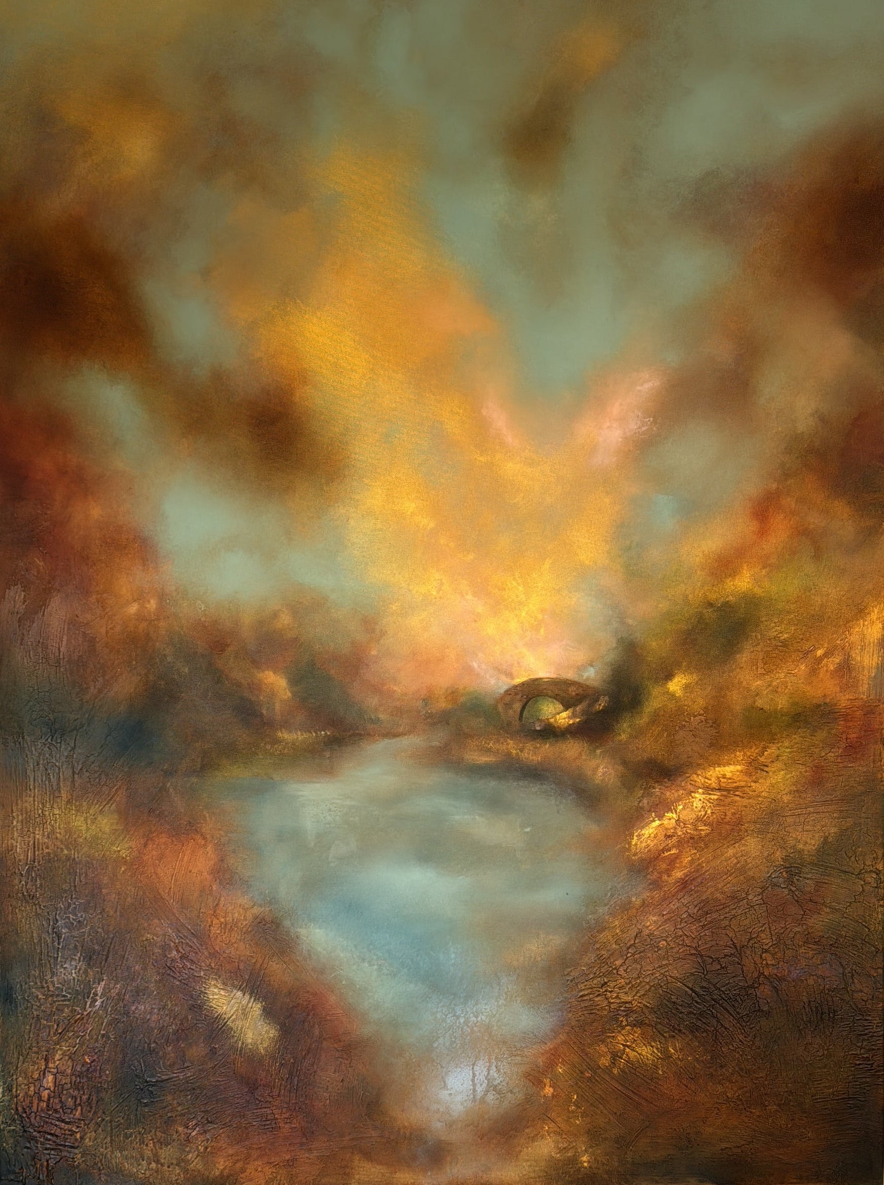 “Landscape painting of Tollymore Forest Park featuring the historic stone bridge glowing in golden and purple light, with flowing water and forest tones. Contemporary Irish landscape art inspired by Northern Ireland’s natural scenery.”