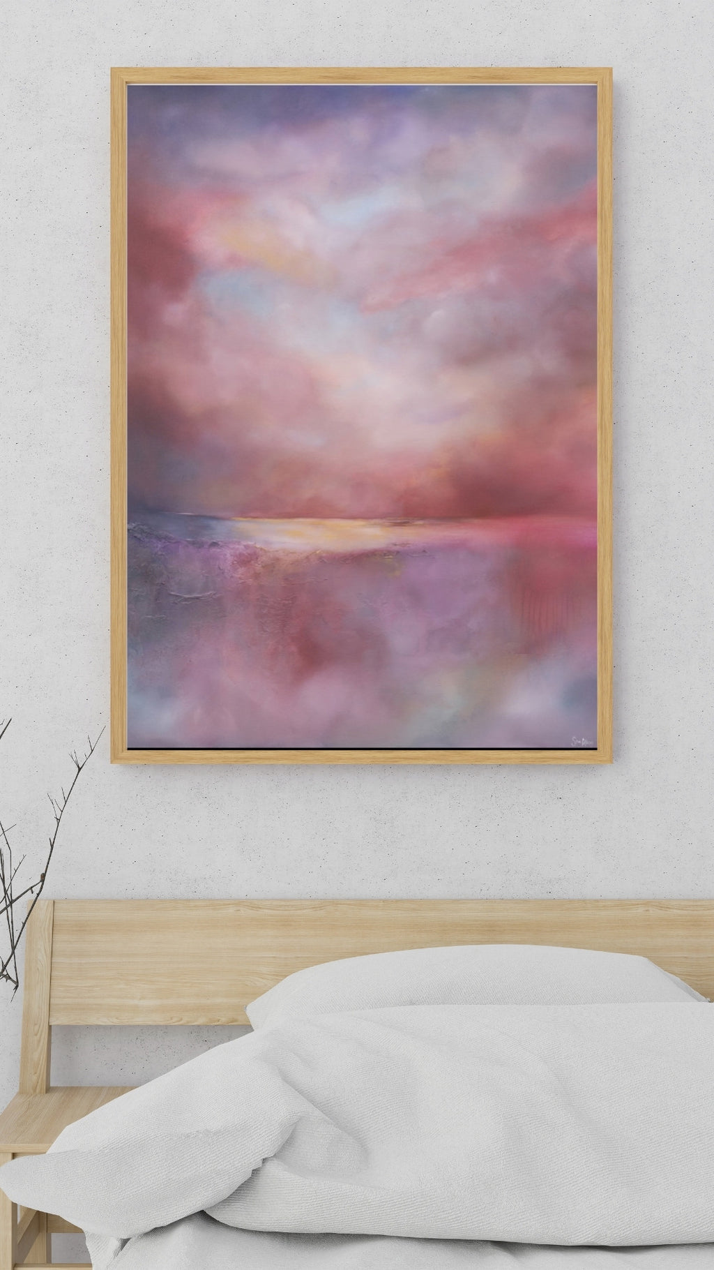 Framed uplifting abstract landscape in soft reds, purples and pinks 