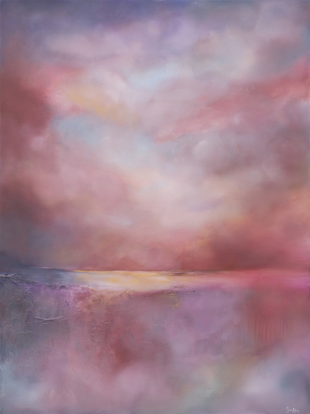 Abstract painting of a landscape with soft, pastel colors