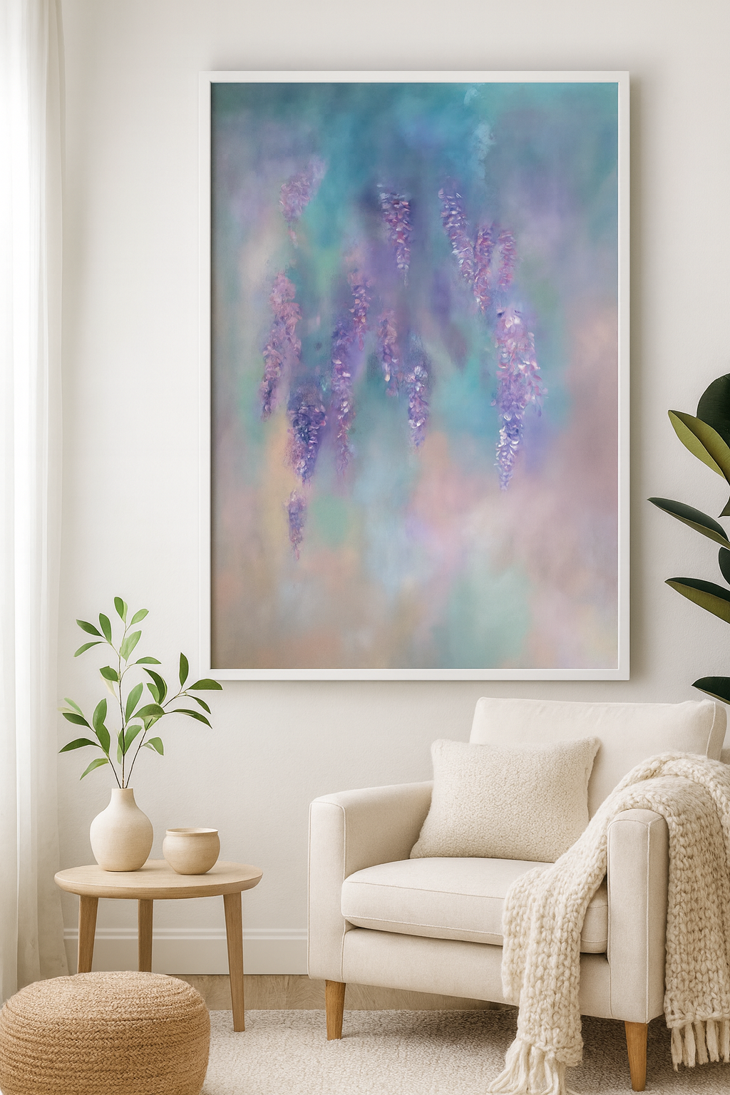 Wisteria abstract painting featured in calm living room