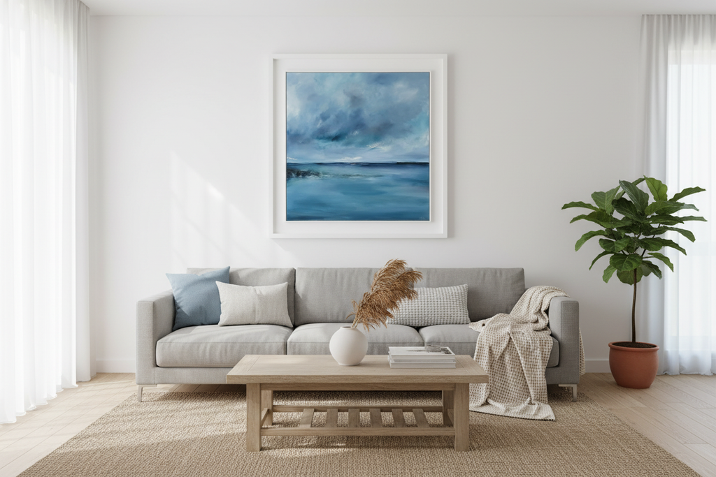 Living Room: "The Sea Carries the Story abstract coastal painting 1m x 1m displayed above grey sofa in modern living room interior"